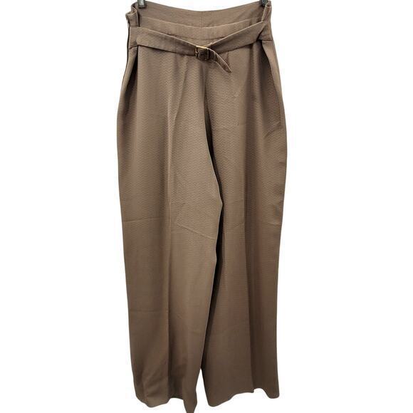 Giorgio Armani Vintage Tan Micro Chevron High Waist‎ Faux Belt Wide Leg Pants - Picture 1 of 15